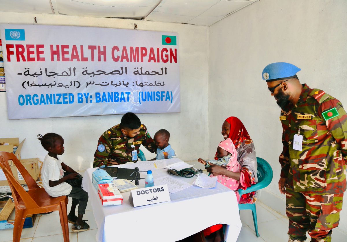 UNISFA_1's tweet photo. On 29 December 2024, Banbatt successfully conducted a free medical campaign at the Bangabandhu Free Clinic in Murta village, Kadugli. This initiative reflects their unwavering commitment to supporting community health and well-being. #JBVMM #UNISFA #CommunityCare #HealthcareSupport #Kadugli