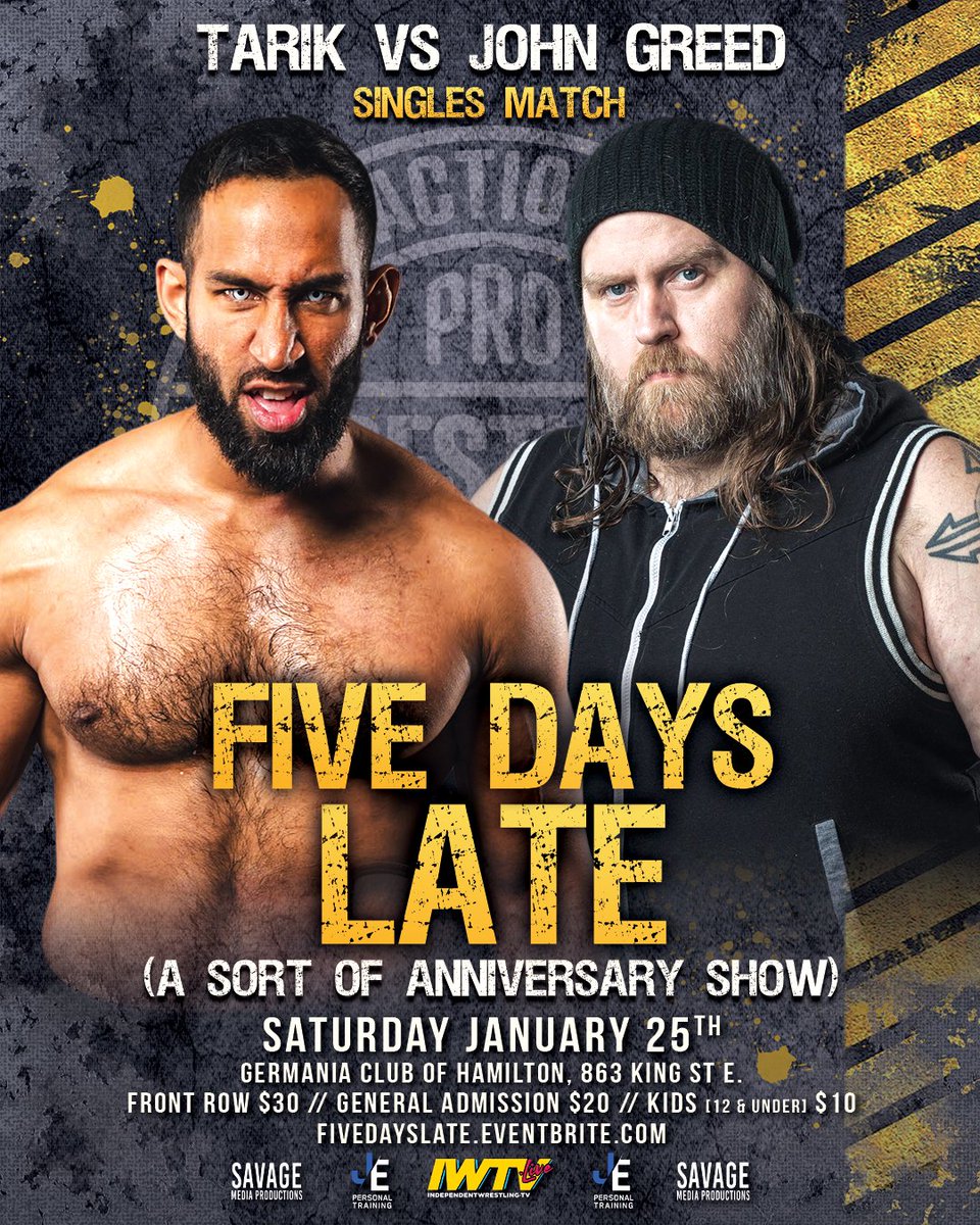 🌐MATCH ANNOUNCEMENT🌐

Both men faced off against each other when they debuted for PWO in 2022.

A lot has changed over the years but <a href="/TARIKhatesyou/">TARIK</a> will face off against <a href="/greedwrestling/">John Greed</a> in singles competition at Five Days Late!

Tickets on sale now:
eventbrite.ca/e/five-days-la…