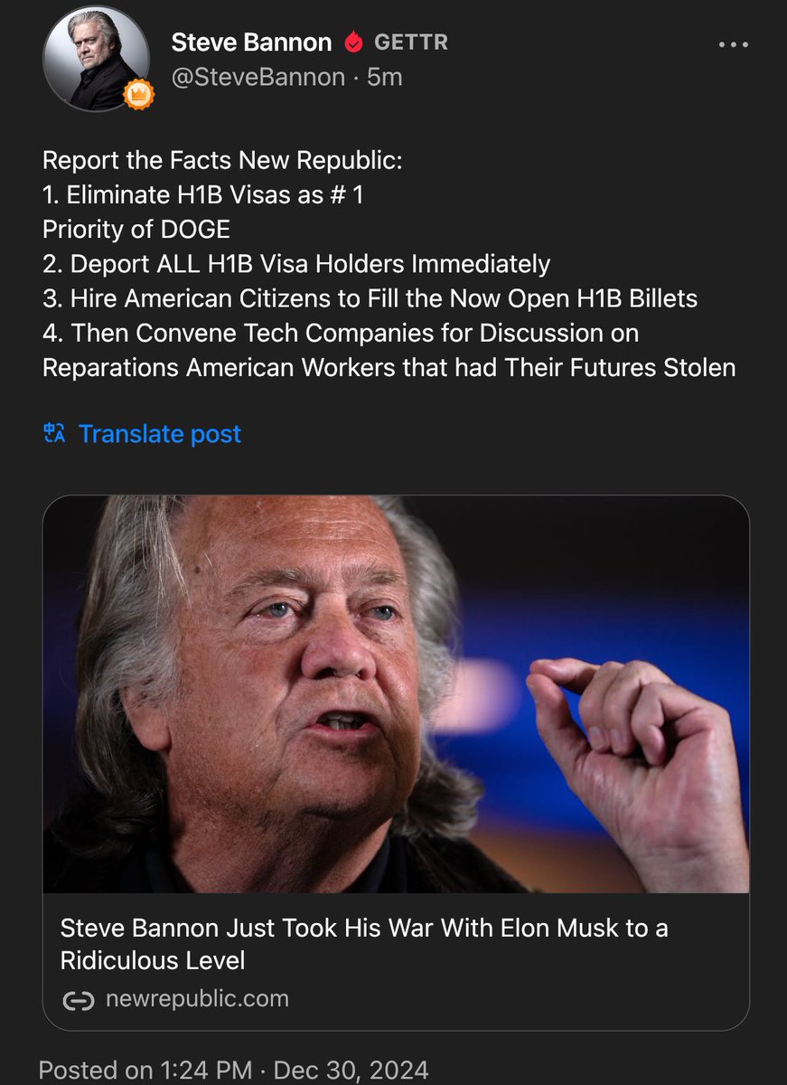 gc22gc's tweet image. Report the Facts @newrepublic:
1. Eliminate H1B Visas as # 1
Priority of DOGE
2. Deport ALL H1B Visa Holders Immediately 
3. Hire American Citizens to Fill the Now Open H1B Billets
4. Then Convene Tech Companies for Discussion on Reparations American Workers that had Their…
