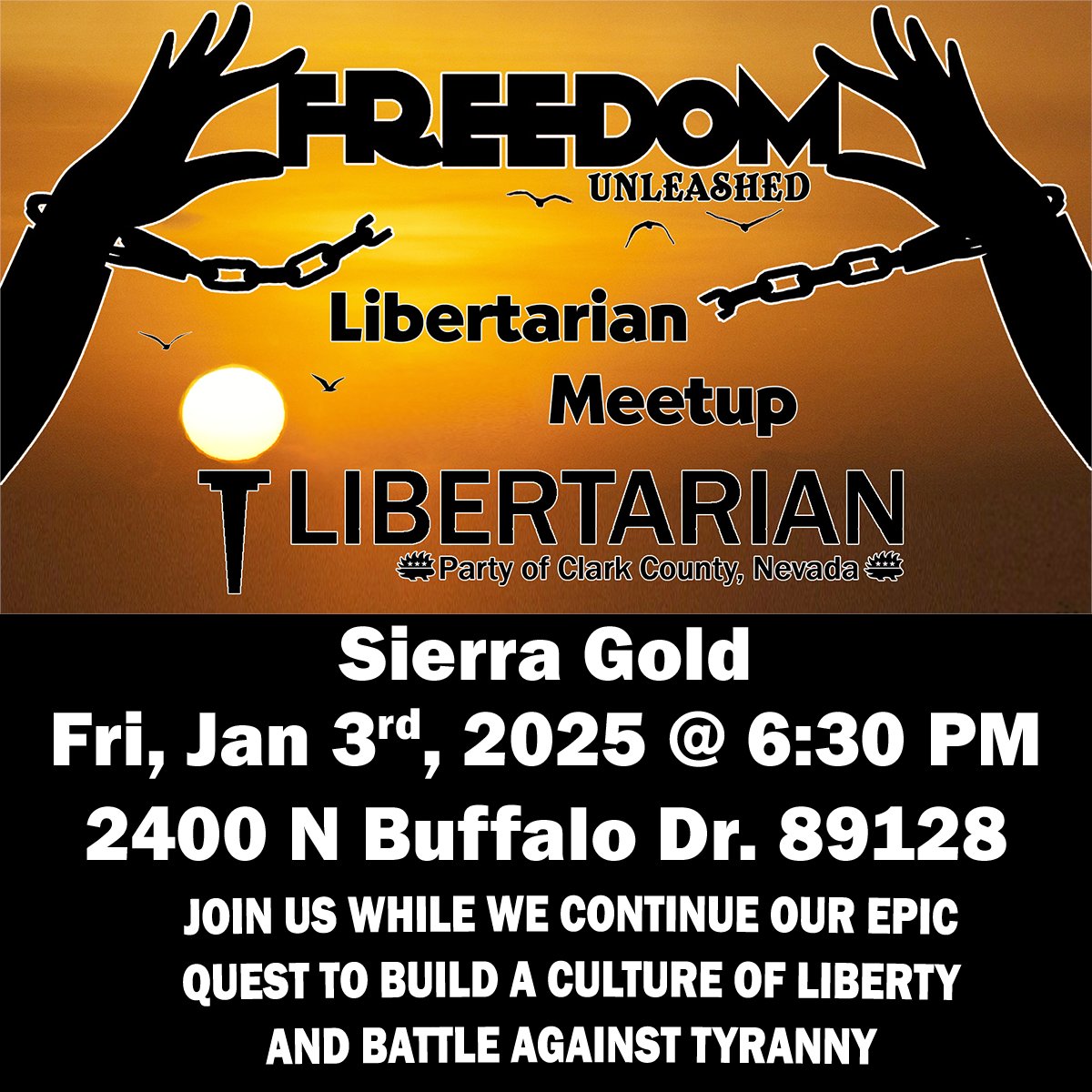 lpnevada's tweet image. Liberty curious? Want to know what the Libertarian Party is all about? Looking for new friends that are tired of government overreach? If so, come hang out at Sierra Gold on N. Buffalo &amp;amp; Smoke Ranch!

When:
January 3rd, 2025 at 6:30pm - 10:30pm

Where:
Sierra Gold
2400 N Buffalo…