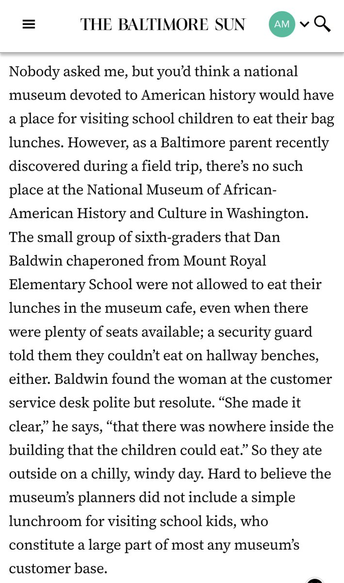 Alec MacGillis (@alecmacgillis) on Twitter photo .<a href="/DanRodricks/">Dan Rodricks, At Large</a> raises a good question here: why doesn't the big new African-American History and Culture Museum in Washington have a place where school kids can eat their bag lunches? .<a href="/DanRodricks/">Dan Rodricks, At Large</a> raises a good question here: why doesn't the big new African-American History and Culture Museum in Washington have a place where school kids can eat their bag lunches?