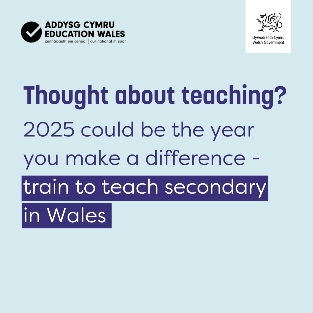 Teaching Wales (@teachingwales) on Twitter photo Thought about teaching?
Make 2025 the year you can be the difference – train to teach secondary in Wales✨
Inspire a generation of learners.
#TeachingWales
<a href="/Athrofa/">Yr Athrofa: Centre for Education</a>
<a href="/ITEcardiffmet/">ITE Cardiff Met</a>
<a href="/TARPrifAbertawe/">TAR Prifysgol Abertawe</a>
<a href="/prifysgolbangor/">Prifysgol Bangor</a>
<a href="/BAPrimaryUSW/">USW_Primary_ITE / PDC_Addysg_Gynradd</a>
<a href="/OUCymru/">The OU in Wales</a>
@AddysgwyrCymru Thought about teaching?
Make 2025 the year you can be the difference – train to teach secondary in Wales✨
Inspire a generation of learners.
#TeachingWales
<a href="/Athrofa/">Yr Athrofa: Centre for Education</a>
<a href="/ITEcardiffmet/">ITE Cardiff Met</a>
<a href="/TARPrifAbertawe/">TAR Prifysgol Abertawe</a>
<a href="/prifysgolbangor/">Prifysgol Bangor</a>
<a href="/BAPrimaryUSW/">USW_Primary_ITE / PDC_Addysg_Gynradd</a>
<a href="/OUCymru/">The OU in Wales</a>
@AddysgwyrCymru