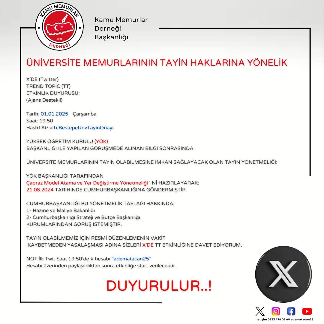 ÜMİTLE, UMUTLA

ÜNİVERSİTE MEMURLARININ TAYİN OLMASINA YÖNELİK İLGİLİ KURUMLARDAN GÖRÜŞ ALINIYOR.

SÜRECİN HIZLANMASINA YÖNELİK SİZLERİ BU ETKİNLİĞE DAVET EDİYORUM.