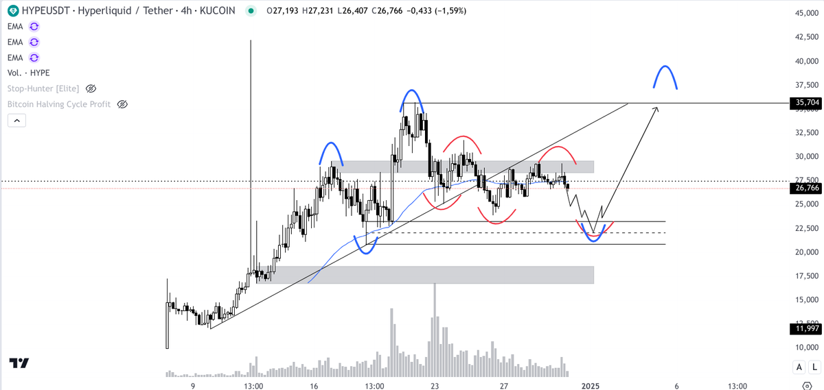 Criptonauta_'s tweet photo. 3⃣ $HYPE

- Aunque la estructura interna es bajista (rojo) la estructura general es muy alcista (azul).

- La espero entre $22 - 23.5 para entrar: imbalance + FIBO + Soporte.

- ¿Podríamos verla en $16-17? Sí, por eso todo el tramo entre $23.5 - $16 me parece óptimo para DCA.

- Acción del precio claramente alcista, además acaban de habilitar el staking del token así que creo que en este caso, un retroceso será una muy buena oportunidad.