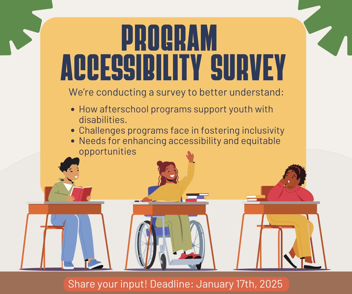 IL ACT Now Coalition (@actnowcoalition) on Twitter photo 🌟Help Shape Inclusive Youth Programs🌟 We are gathering insights to understand how afterschool and out-of-school time (OST) programs serve youth with disabilities. Share your experiences to help us build more inclusive spaces. 📩Take the survey here: surveymonkey.com/r/GKGM9CV 🌟Help Shape Inclusive Youth Programs🌟 We are gathering insights to understand how afterschool and out-of-school time (OST) programs serve youth with disabilities. Share your experiences to help us build more inclusive spaces. 📩Take the survey here: surveymonkey.com/r/GKGM9CV