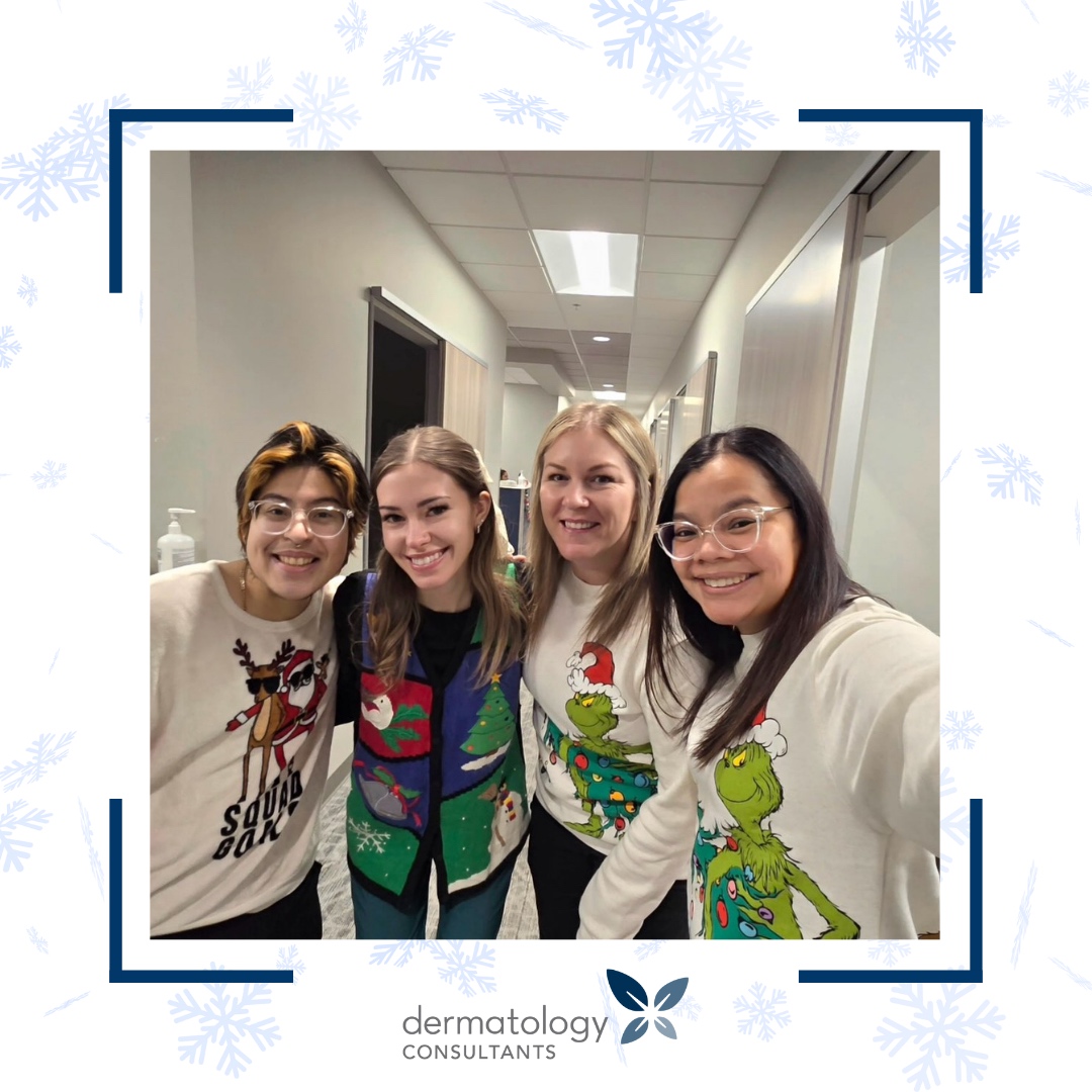 DermMN's tweet photo. 'Tis the season to get festive—and maybe a little tacky! Our team brought their holiday spirit in full force for our annual Ugly Sweater Day 🎄🎁 From sparkles and jingle bells to some truly questionable knitwear, we’re all about spreading joy (and laughter) this season.

 Whi... https://t.co/i0zGhZnLZG