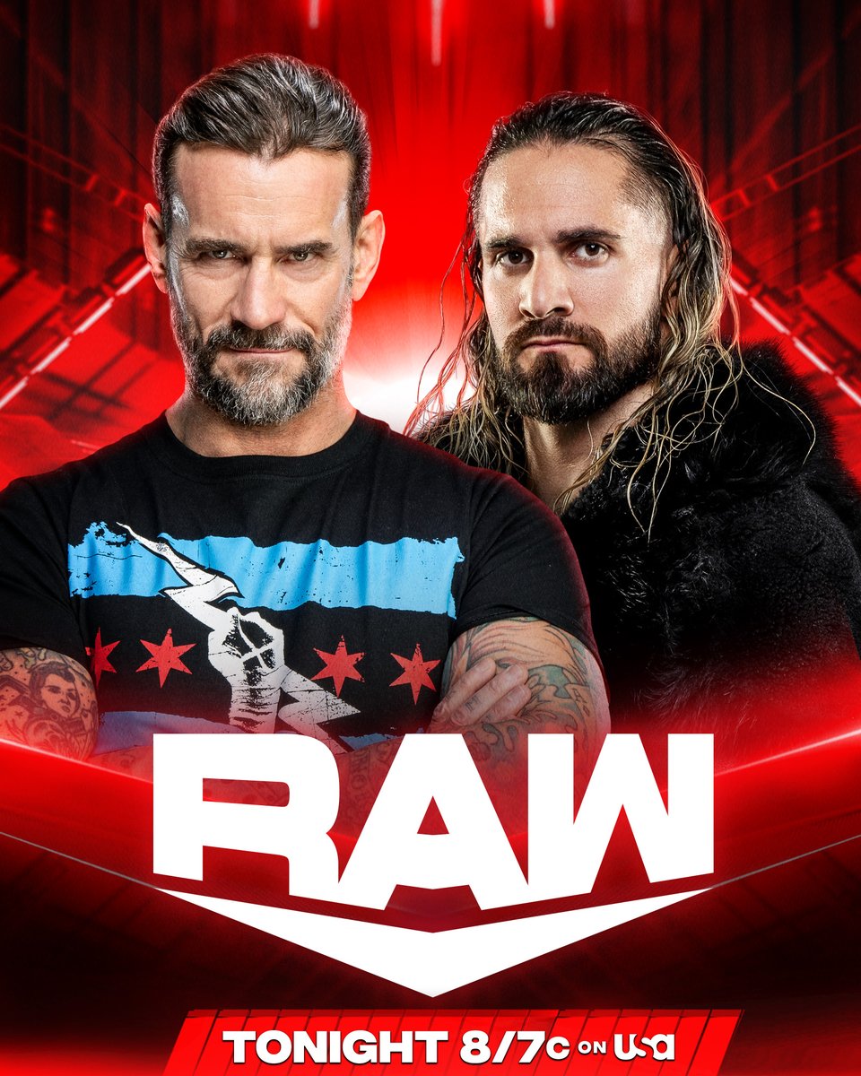 WWE's tweet photo. TONIGHT on #WWERaw: 

@CMPunk and @WWERollins come face-to-face for the final time before their match at the #WWERAW on @netflix Premiere on January 6th!

📺 8/7c on @USANetwork https://t.co/Nv2y6nx6le