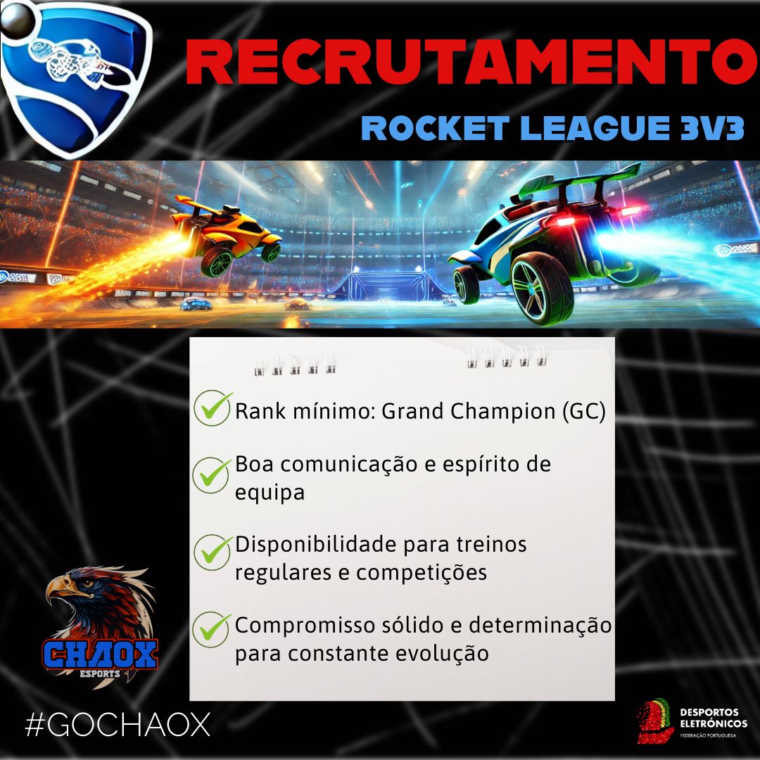ChaoX_eSPORTS's tweet photo. 🚨 Recrutamento Rocket League 3v3🚨
Estamos a recrutar jogadores para compor a nossa equipa de 3v3.
📧 Envia-nos mensagem privada, ou adere no nosso Discord https://t.co/KvM1ho2lsm
#GOCHAOX #rocketleague #RL #RLPT #rocketleaguept #rocketleagueportugal https://t.co/fA43bjSIvh