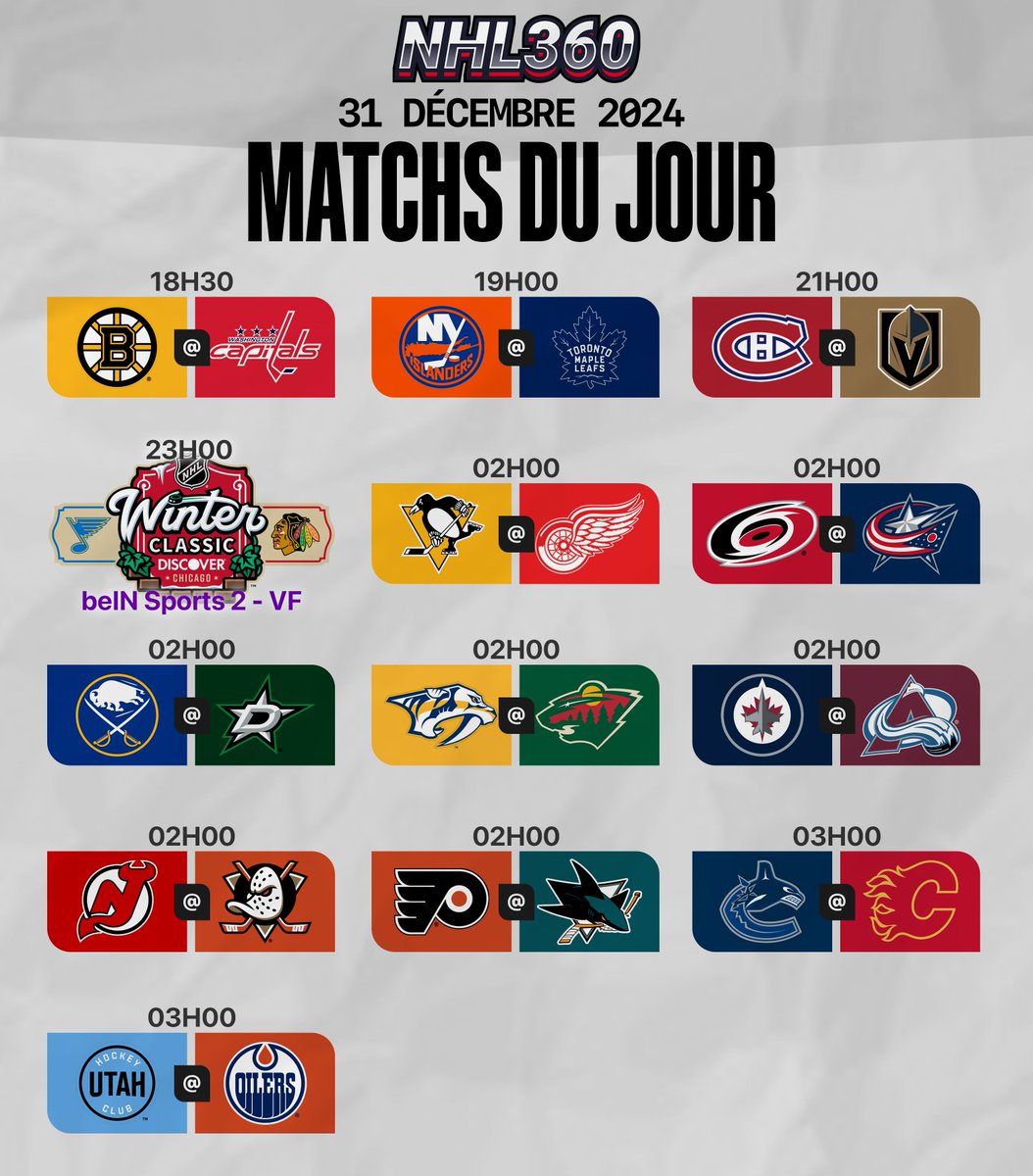 Les 13 rencontres du mardi 31 décembre, dont le match de la Classique hivernale entre les Blues et les Blackhawks en VF sur beIN Sports 2