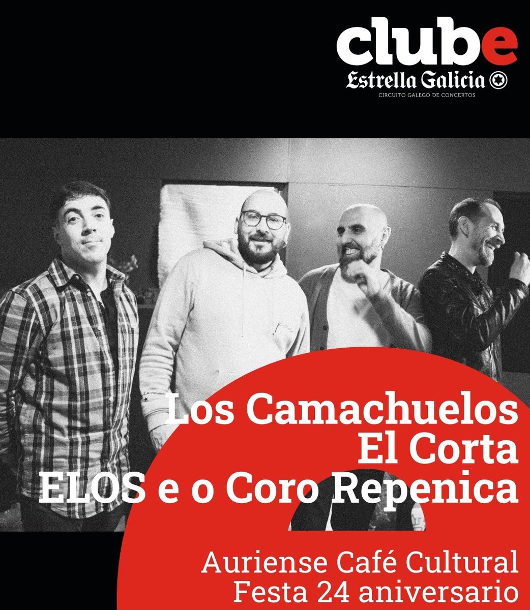 Hoxe finalizamos o VII Ciclo ClubE que organiza <a href="/ClubturaGalicia/">Clubtura</a>  grazas ao patrocinio de <a href="/estrellagalicia/">Estrella Galicia</a>
Imos ata a cidade das Burgas con tres bandas e celebración do XXIV aniversario do xa mítico Café Cultural Auriense  !! Parabéns compañeiros.
Dende as 7 da tarde, festón!