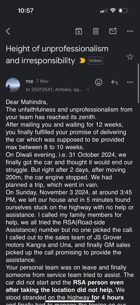ambika_sharma58's tweet photo. @anandmahindra 
6 months of wait, ₹14 lakh paid-and got a defective car that stops on highways,risking my family's safety! Despite multiple tests, issues persist. No buyer will touch this car.Replace it or take full legal responsibility for any harm caused#MahindraDisappoints https://t.co/wLEj7zuec8