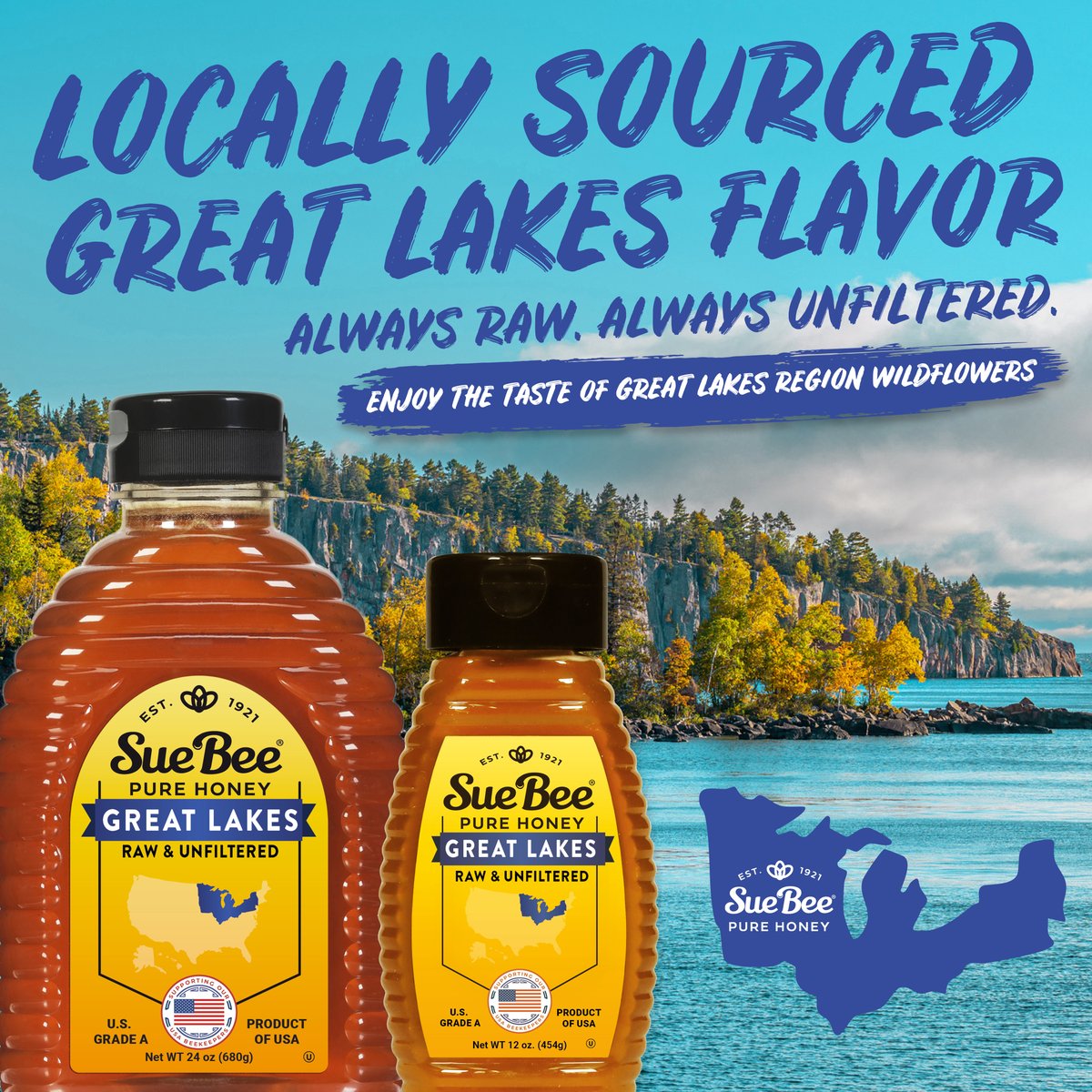 Discover the pure sweetness of the Great Lakes! SUE BEE® Great Lakes Local Honey is sourced from the nectar of blooming wildflowers and plants that dot the breathtaking shorelines of the Great Lakes region of the United States. Enjoy the perfect taste of nature in every drop!