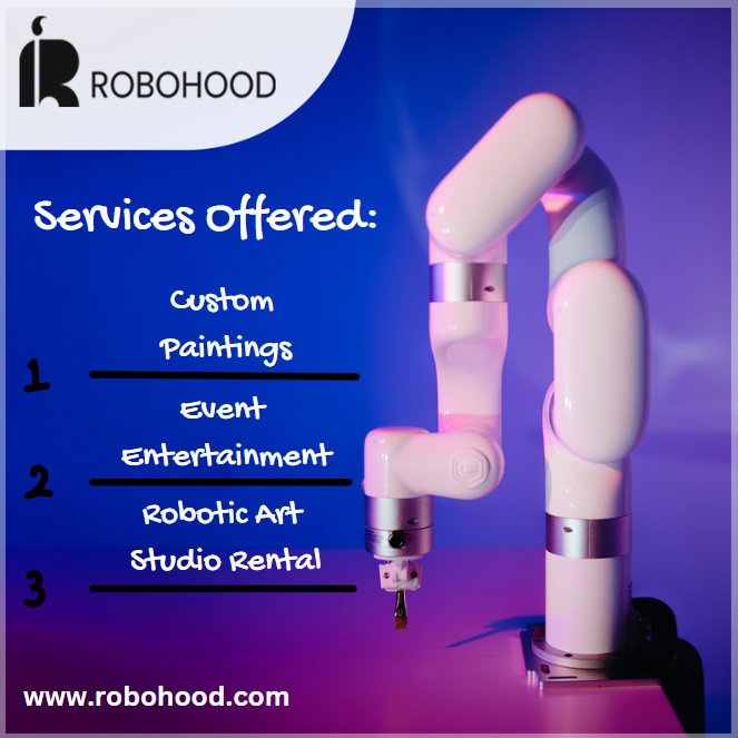 robohoodInc's tweet photo. Services we offer:
1) Custom Paintings: Send us your photo and our robot will paint it! 
2) Event Entertainment: Wow your guests with mesmerizing robotic live art. We paint any image you request!
3) Rent your own Robotic Art Studio and create your own business with our software! https://t.co/S9iVEQgcpB