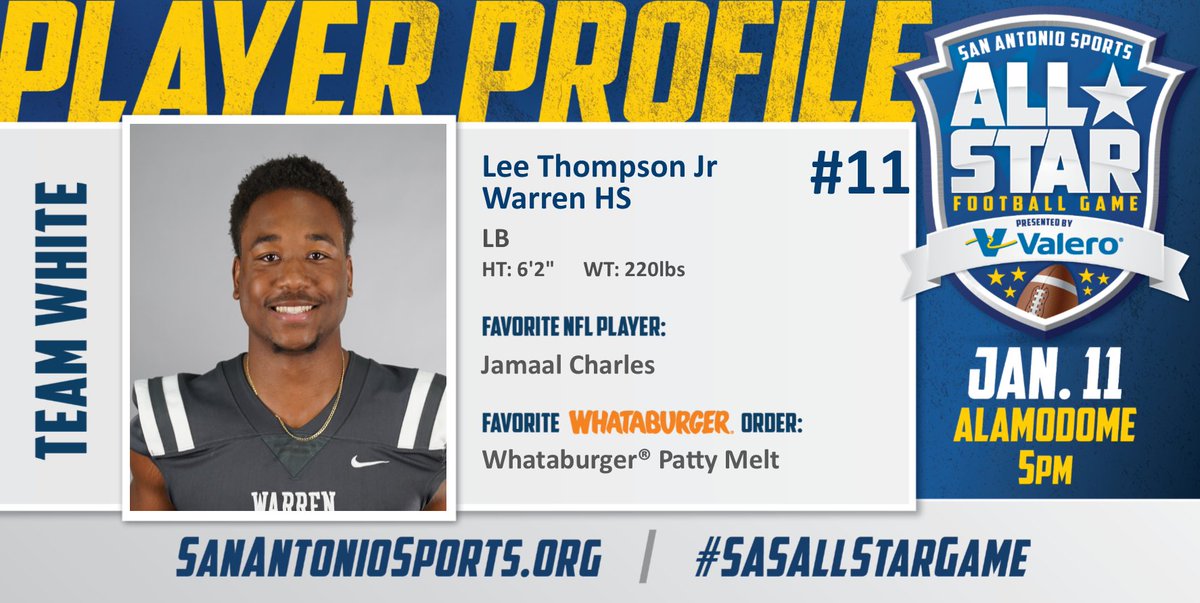 San Antonio Sports (@sa_sports) on Twitter photo Meet <a href="/Lee_thompsonJr/">Lee Thompson</a> from <a href="/WarrenNisd/">Warren Warrior Football (NISD) TX</a> who will compete in the San Antonio Sports All-Star Football Game pres. by <a href="/ValeroEnergy/">Valero</a> at the Alamodome on Jan. 11! #SASAllStarGame <a href="/Whataburger/">Whataburger®</a>
<a href="/jamaalcharles/">Jamaal Charles</a> 
<a href="/NISD/">Northside ISD</a> 
<a href="/NISD_Athletics/">NISD_Athletics</a> 
<a href="/Ewathleticbc/">Warren Athletic Booster Club</a> Meet <a href="/Lee_thompsonJr/">Lee Thompson</a> from <a href="/WarrenNisd/">Warren Warrior Football (NISD) TX</a> who will compete in the San Antonio Sports All-Star Football Game pres. by <a href="/ValeroEnergy/">Valero</a> at the Alamodome on Jan. 11! #SASAllStarGame <a href="/Whataburger/">Whataburger®</a>
<a href="/jamaalcharles/">Jamaal Charles</a> 
<a href="/NISD/">Northside ISD</a> 
<a href="/NISD_Athletics/">NISD_Athletics</a> 
<a href="/Ewathleticbc/">Warren Athletic Booster Club</a>