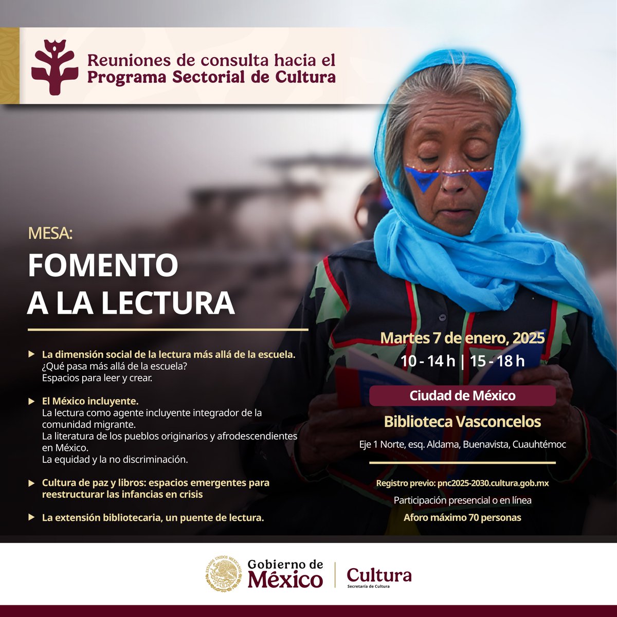 Las Reuniones de Consulta hacia el Programa Sectorial de Cultura empiezan este 7 de enero de 2025 con la mesa "Fomento a la lectura", la cual se llevará a cabo en la <a href="/VSCLS/">Biblio Vasconcelos</a> a partir de las 10 h. También puedes participar y ser parte de manera virtual. El registro se encuentra