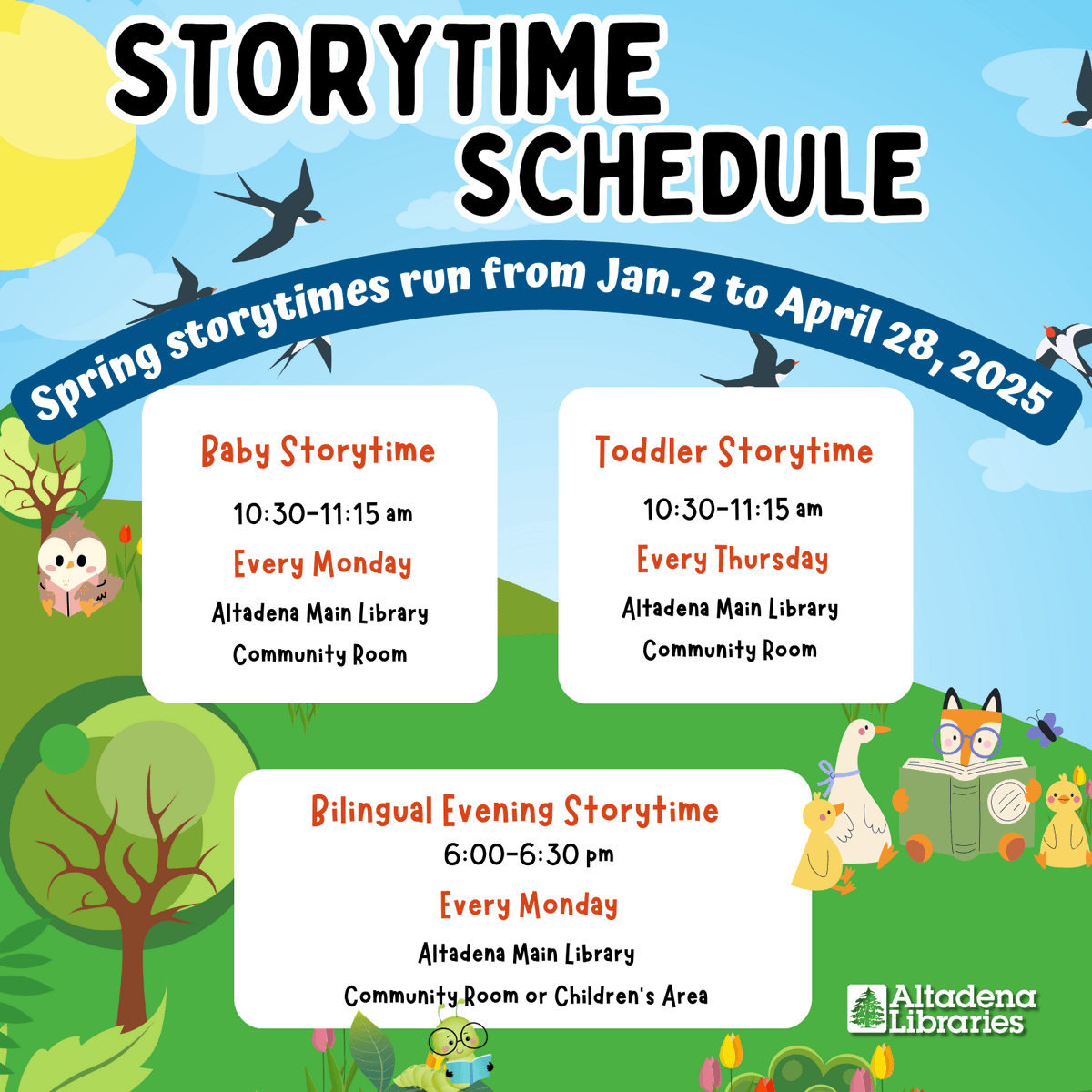 AltadenaLibrary's tweet image. #AltadenaLibrary storytimes are back in January!  Join us for toddler, baby, and bilingual evening storytimes all spring!
Hope to see you here!
#story #stories #storytime #storytimes #read #reading #reads #literacy #EarlyLiteracy #AltadenaLibraries