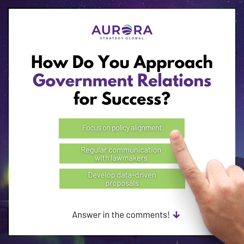 Aurora_Strategy's tweet image. 🎇 Successful government relations are all about strategy and collaboration. 

From data to dialogue, which approach do you think is most impactful for driving change? 

#PolicySuccess #GovernmentEngagement #AdvocacyMatters #StrategicInfluence