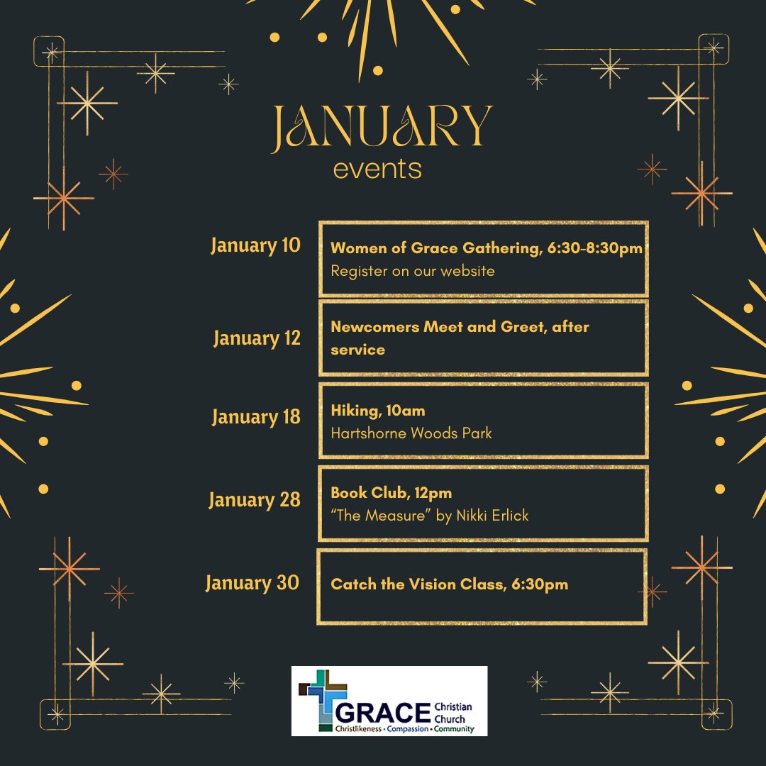 New year, new events at Grace! We're looking forward to seeing you in 2025. Find out more details at gracechristianchurch.com/events/
