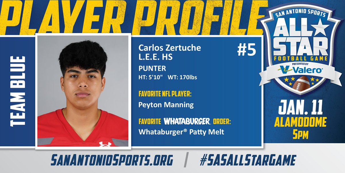 San Antonio Sports (@sa_sports) on Twitter photo Meet Carlos Zertuche from <a href="/leeneisd/">LEE VOLUNTEERS</a> who will compete in the San Antonio Sports All-Star Football Game pres. by <a href="/ValeroEnergy/">Valero</a> at the Alamodome on Jan. 11! #SASAllStarGame <a href="/Whataburger/">Whataburger®</a>
<a href="/NEISD/">North East ISD</a>
<a href="/NeisdAthletics/">NEISD ATHLETICS</a>
<a href="/LEEVolsFootball/">LEE Vols Football</a>
<a href="/leevolsbooster/">LEE Athletics Booster Club</a> Meet Carlos Zertuche from <a href="/leeneisd/">LEE VOLUNTEERS</a> who will compete in the San Antonio Sports All-Star Football Game pres. by <a href="/ValeroEnergy/">Valero</a> at the Alamodome on Jan. 11! #SASAllStarGame <a href="/Whataburger/">Whataburger®</a>
<a href="/NEISD/">North East ISD</a>
<a href="/NeisdAthletics/">NEISD ATHLETICS</a>
<a href="/LEEVolsFootball/">LEE Vols Football</a>
<a href="/leevolsbooster/">LEE Athletics Booster Club</a>