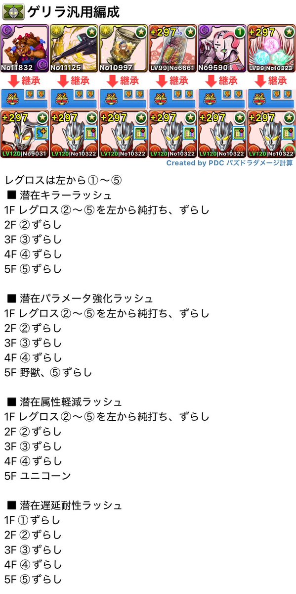 kiki_3983's tweet photo. 潜在キラーラッシュ
潜在パラメータ強化ラッシュ
潜在属性軽減ラッシュ
潜在遅延耐性ラッシュ
4つのゲリラの共通編成です。

処理は遅くなりますが一部ヴォルフでも代用できると思うので組みやすいかも？ https://t.co/01E9XouKAd
