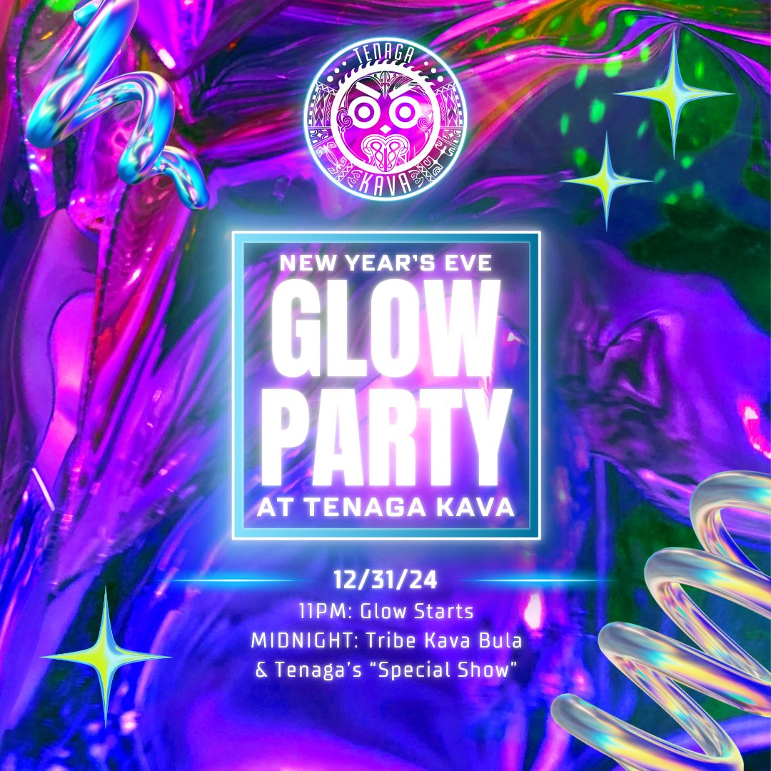 tenagakava's tweet photo. ✨ Ready to glow into 2025? Join us at Tenaga Kava’s Glow Party on New Year’s Eve! The glow up starts at 11 PM, with a special Tribe Kava Bula and our spectacular show at midnight! 🎆 Let’s light up the night, and ring in the new year, together! 🥥 Bula! https://t.co/6AgKpQ7oPK