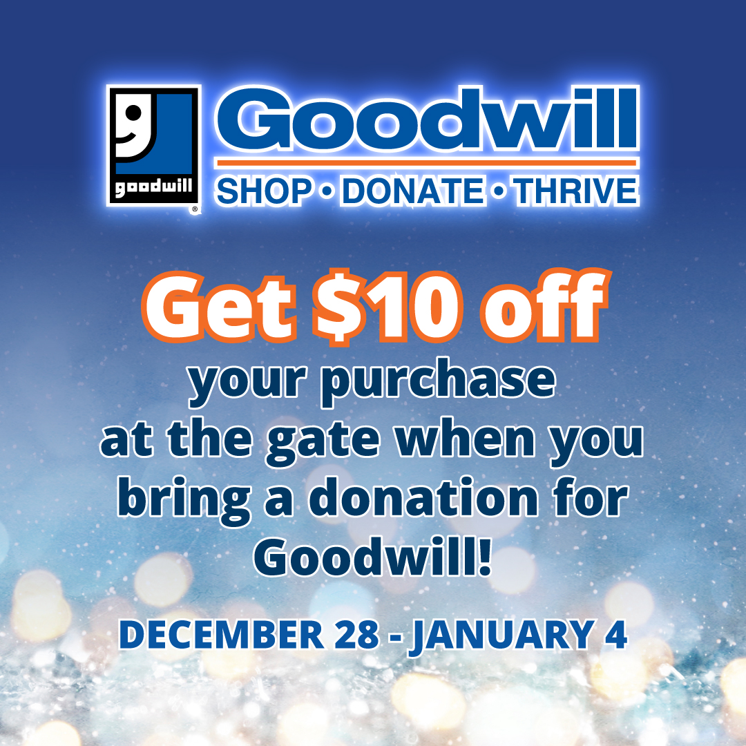 Receive $10 off your ticket to Glittering Lights when you bring in a donation for <a href="/GoodwillVegas/">Goodwill Vegas</a>  and purchase your ticket at the gate!