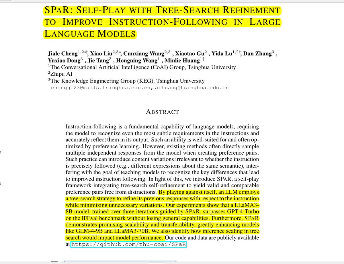 Rohan Paul (@rohanpaul_ai) on Twitter photo Self-play with tree-search helps LLMs learn instructions-following capability.
SPAR introduces a self-play framework that enhances LLMs' instruction-following by minimizing irrelevant variations during training through tree-search refinement.
🤖 Original Problem:
→ Current Self-play with tree-search helps LLMs learn instructions-following capability.
SPAR introduces a self-play framework that enhances LLMs' instruction-following by minimizing irrelevant variations during training through tree-search refinement.
🤖 Original Problem:
→ Current