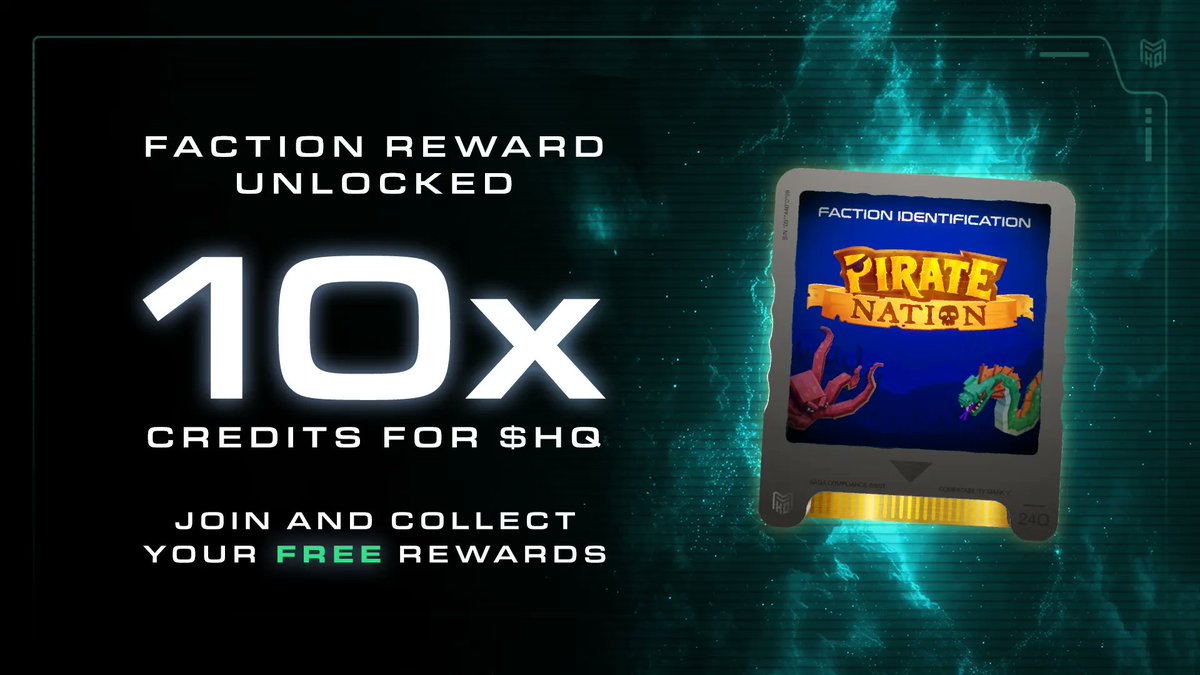 Metaverse HQ (@metaverse_hq) on Twitter photo New Faction Reward 🔓
<a href="/PirateNation/">Pirate Nation</a> has joined the journey for $HQ
Join their Discord to earn 10x Credits towards $HQ
🏴☠️ - app.mvhq.io/missions/pirat…
$PIRATE 🤝 $HQ New Faction Reward 🔓
<a href="/PirateNation/">Pirate Nation</a> has joined the journey for $HQ
Join their Discord to earn 10x Credits towards $HQ
🏴☠️ - app.mvhq.io/missions/pirat…
$PIRATE 🤝 $HQ