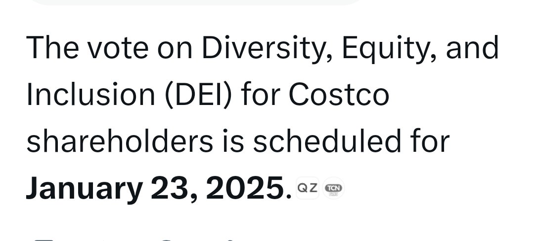 <a href="/greggutfeld/">GregGutfeld</a> <a href="/Costco/">Costco</a> seems to be one of those companies who are hiring based on the color of skin. Tell people outside of X about it. It won't be covered on MSM. Many people have Costco Stock shares held in a Mutual Fund and get to vote . Here's the date of the vote.👇