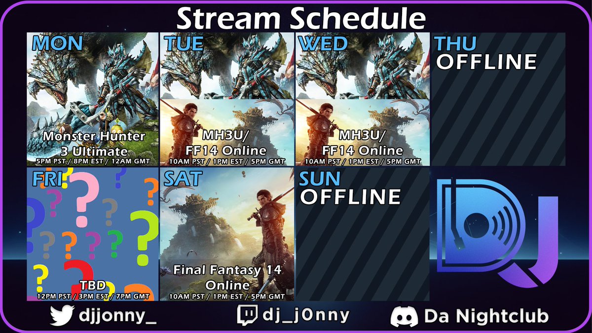 WEEKLY STREAM SCHEDULE!
Got our second part of the holiday stream schedule this week with more Monster Hunter, Final Fantasy and even more Monster Hunter! Friday is still up in the air so we'll play it by ear and see what we're feeling! Catch y'all later!