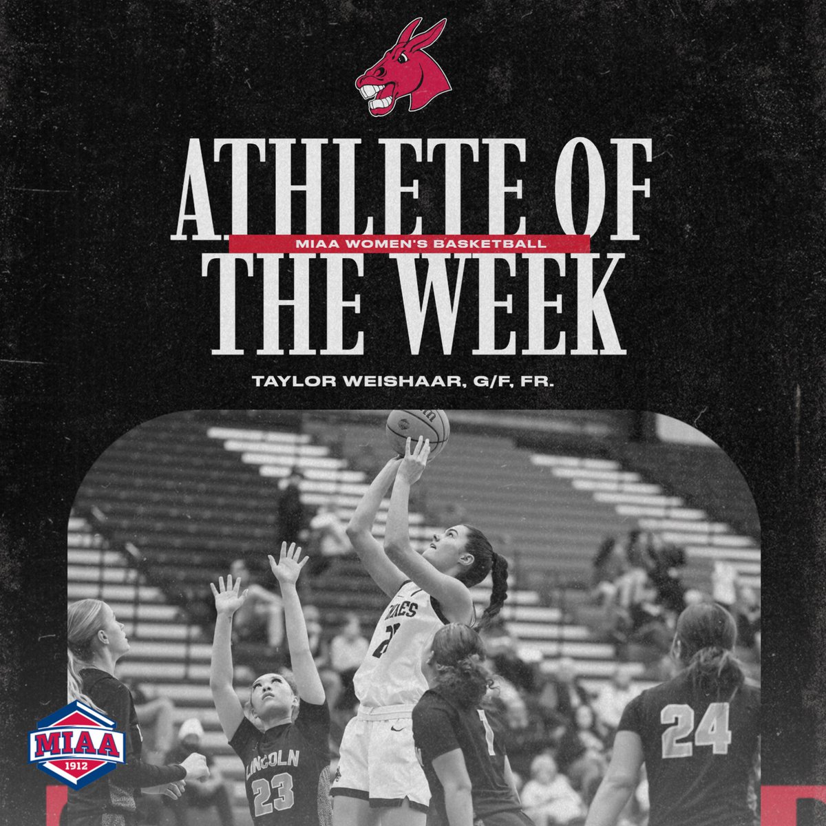 Taylor Weishaar has been named this week's <a href="/TheMIAA/">The MIAA</a> Women's Basketball Athlete of the Week!

Taylor averaged a double-double with 20.5 points and 11.5 rebounds in our two wins vs. Lincoln Dec. 17 and Washburn Dec. 21.

📝 | bit.ly/4a1Bl72

#teamUCM