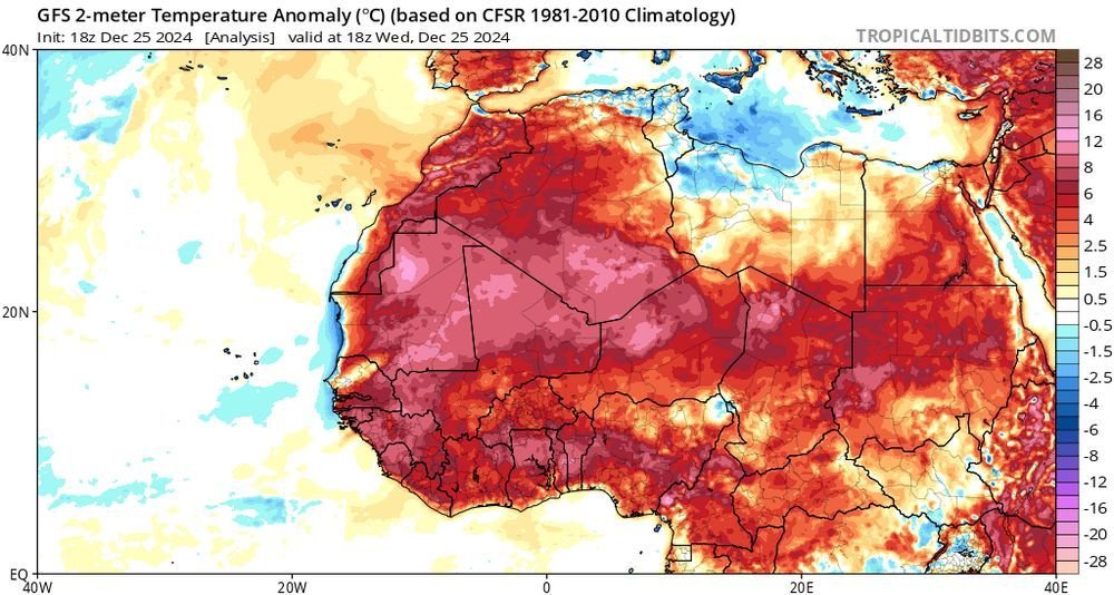 extremetemps's tweet photo. EXTRAORDINARY HEAT ALLOVER AFRICA
Hundreds of records brutalized in nearly every single country: Absolutely unprecedented
Some example today:
NIGERIA 37.2 Port Harcourt
IVORY COAST 35.9 Man
CENTRAL AFRICAN REPUBLIC 37.9 Bangui, 35.7 Berberati
CAMEROON 36.0 Douala https://t.co/3oG4XPIupK