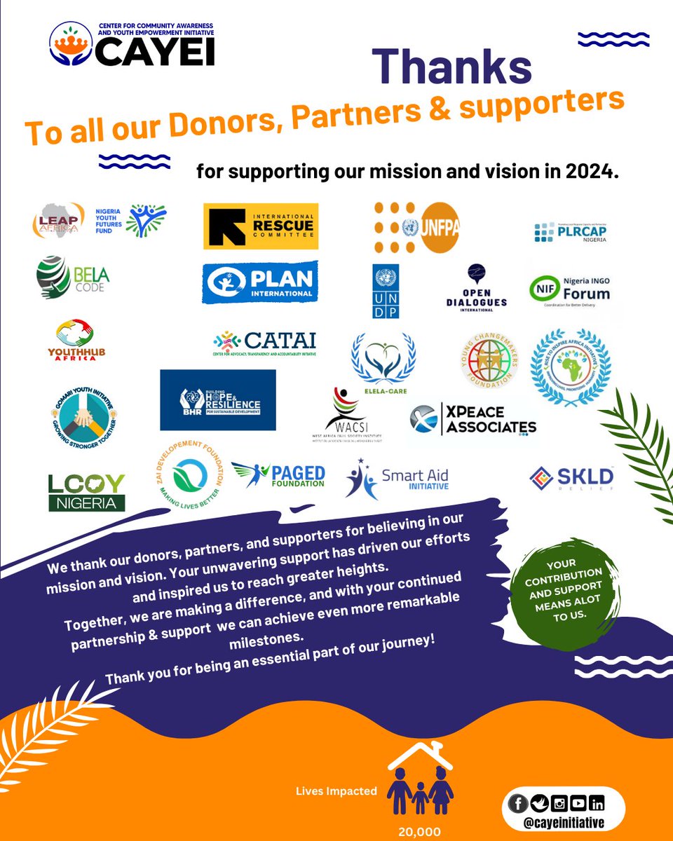 COMMUNITY AWARENESS AND YOUTH EMPOWERMENT (CAYE) (@cayeinitiative) on Twitter photo Dear Donors, Partners & Supporters.
As we reflect on 2024, we're deeply grateful to you for making our milestones possible.
Looking ahead to 2025, we aim higher together with training, funding & capacity building.
Thank you for believing in us!
From all of us <a href="/Cayeinitiative/">COMMUNITY AWARENESS AND YOUTH EMPOWERMENT (CAYE)</a> Dear Donors, Partners & Supporters.
As we reflect on 2024, we're deeply grateful to you for making our milestones possible.
Looking ahead to 2025, we aim higher together with training, funding & capacity building.
Thank you for believing in us!
From all of us <a href="/Cayeinitiative/">COMMUNITY AWARENESS AND YOUTH EMPOWERMENT (CAYE)</a>