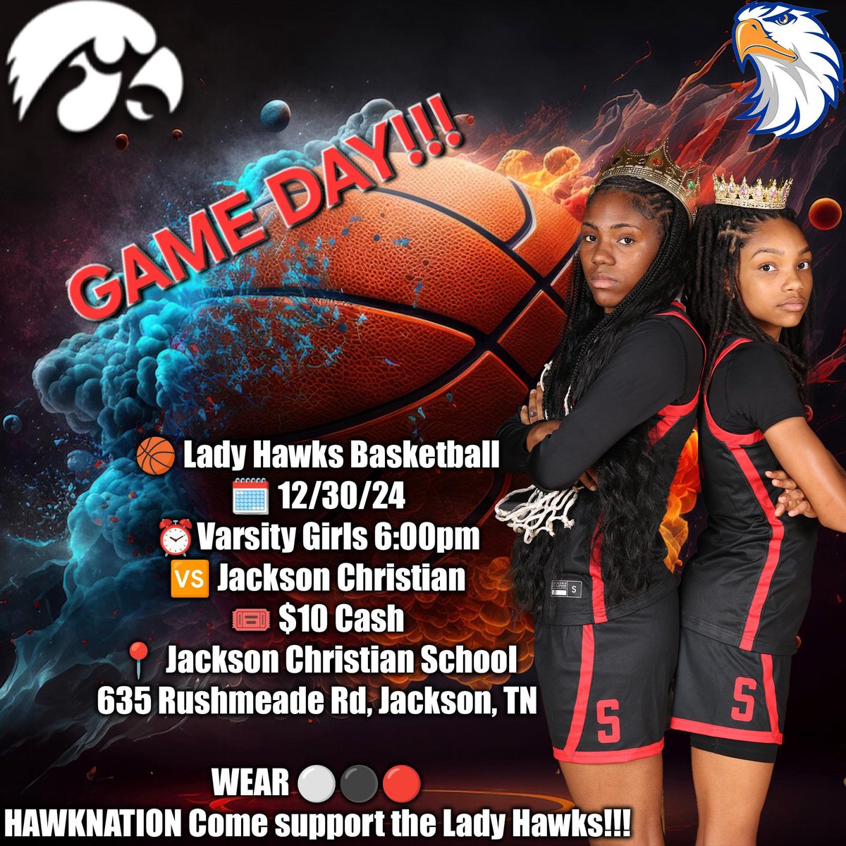 Adrian Comer (@coachayecee) on Twitter photo 🏀 Lady Hawks Basketball
🗓 12/30/24
⏰Varsity Girls 6:00pm
🆚 Jackson Christian
🎟 $10 Cash
📍 Jackson Christian School
635 Rushmeade Rd, Jackson, TN
WEAR ⚪️⚫️🔴
HAWKNATION Come help the Lady Hawks finish 2024 out on a high note!!!
<a href="/SSHSHawks/">South Side High School</a> <a href="/CoachBMcNeal/">Coach Brent McNeal</a> <a href="/JmcssA/">JMCSSAthletics</a> 🏀 Lady Hawks Basketball
🗓 12/30/24
⏰Varsity Girls 6:00pm
🆚 Jackson Christian
🎟 $10 Cash
📍 Jackson Christian School
635 Rushmeade Rd, Jackson, TN
WEAR ⚪️⚫️🔴
HAWKNATION Come help the Lady Hawks finish 2024 out on a high note!!!
<a href="/SSHSHawks/">South Side High School</a> <a href="/CoachBMcNeal/">Coach Brent McNeal</a> <a href="/JmcssA/">JMCSSAthletics</a>