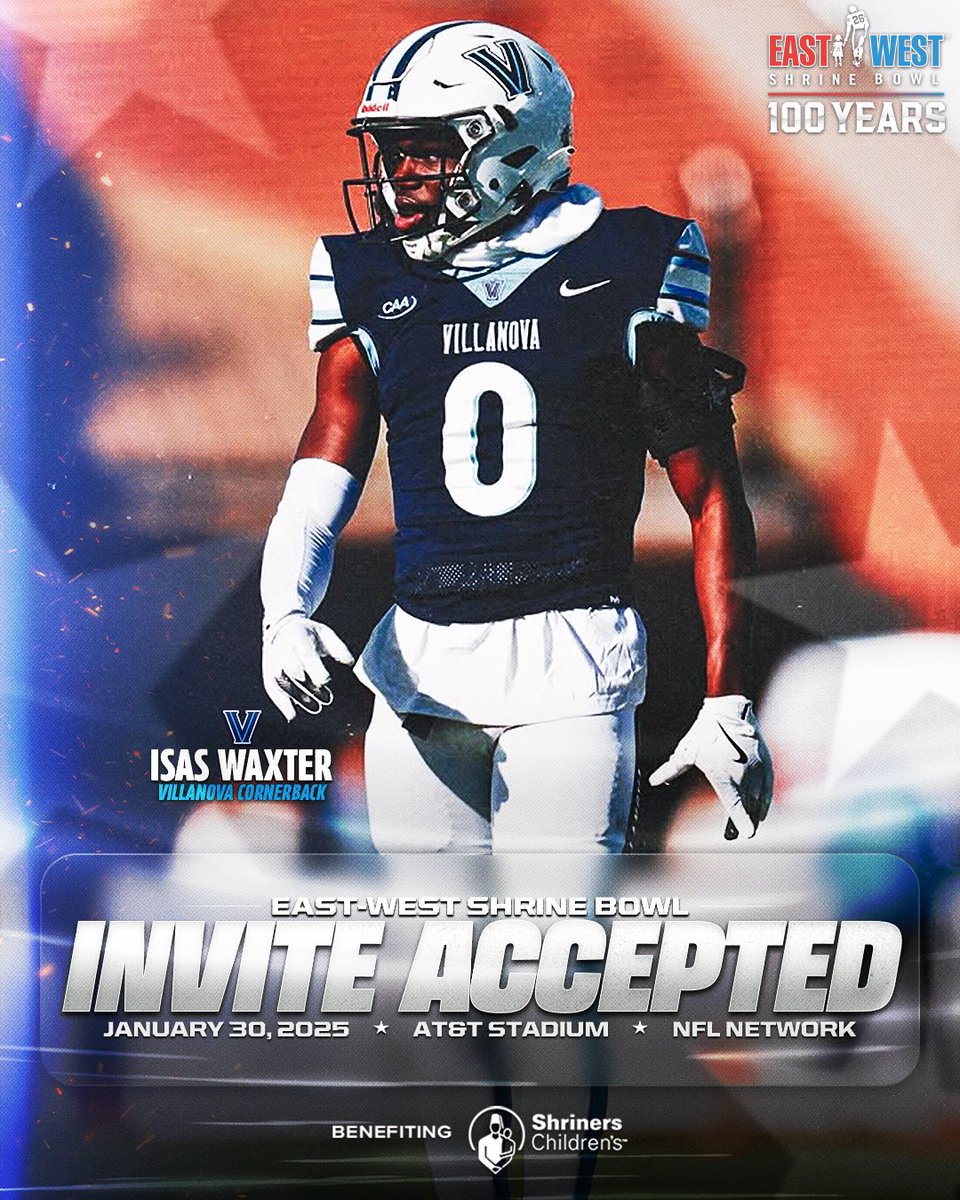 East-West Shrine Bowl (@shrinebowl) on Twitter photo Ice ❄️
CB Isas Waxter (<a href="/isaswaxter2/">Isas Waxter ll</a>) from <a href="/NovaFootball/">Villanova Football</a> has officially accepted his invite to the 100th East-West #ShrineBowl!
#TapTheRock | #ShrineBowlWHOSNEXT 😎 Ice ❄️
CB Isas Waxter (<a href="/isaswaxter2/">Isas Waxter ll</a>) from <a href="/NovaFootball/">Villanova Football</a> has officially accepted his invite to the 100th East-West #ShrineBowl!
#TapTheRock | #ShrineBowlWHOSNEXT 😎