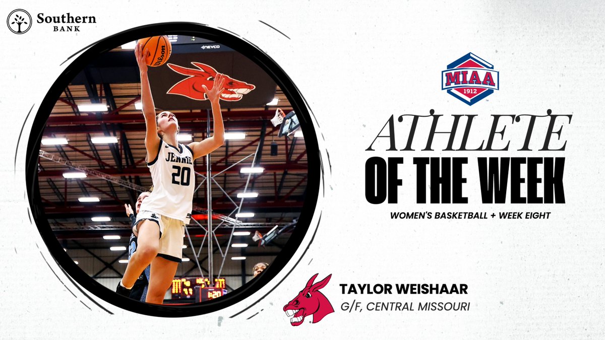 🆕 𝙈𝙄𝘼𝘼 𝙒𝙊𝙈𝙀𝙉'𝙎 𝘽𝘼𝙎𝙆𝙀𝙏𝘽𝘼𝙇𝙇 𝘼𝙏𝙃𝙇𝙀𝙏𝙀 𝙊𝙁 𝙏𝙃𝙀 𝙒𝙀𝙀𝙆, presented by <a href="/Southernbank1/">Southern Bank</a> 🏀⤵️

UCM's Taylor Weishaar led the league with 20.5 points and 11.5 rebounds per game over the holiday break 👏

📰 tinyurl.com/2wun4dtx
#BringYourAGame