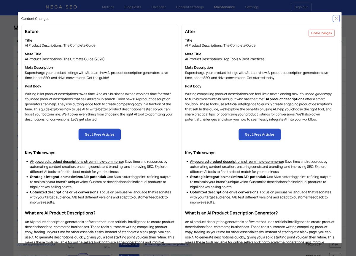 We are rolling out automated article updates.

This will be a gamechanger for every company's content, especially as LLMs / LLM Search / AI Overviews continue to evolve.

TL;DR: This product integrates with your CMS and automatically surgically updates your existing content to