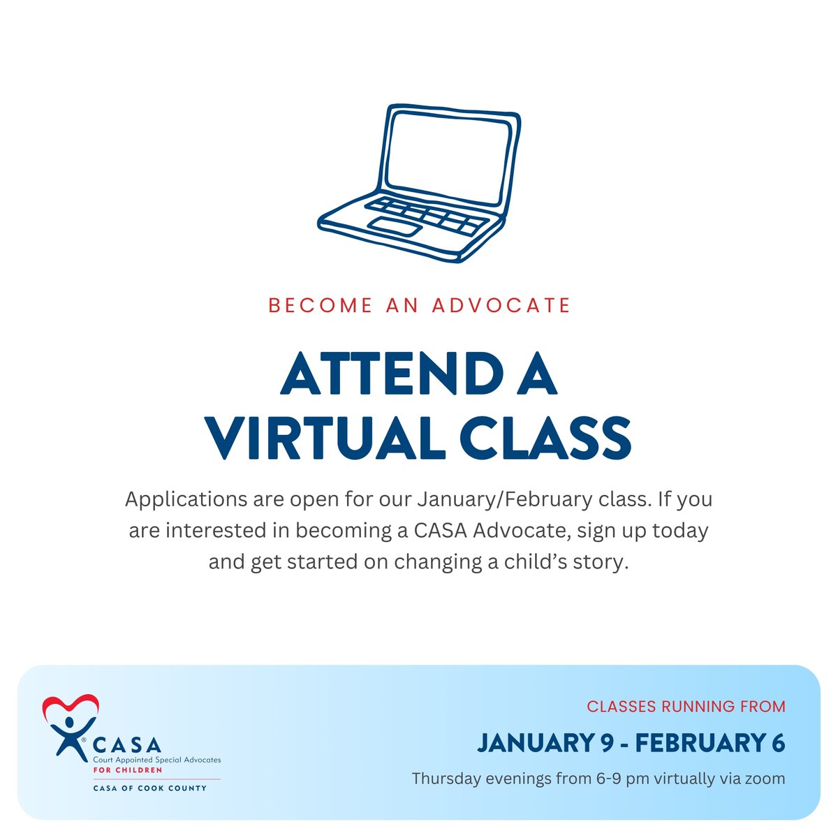 Get ready to kick off the new year with purpose! Sign up today for one of our upcoming classes and discover how you can become a CASA Advocate to help change a child’s story. 💙

👉Get started today, sign up for a class: il-cook.evintosolutions.com/VolunteerAppli…

#CASAofCookCounty #advocate