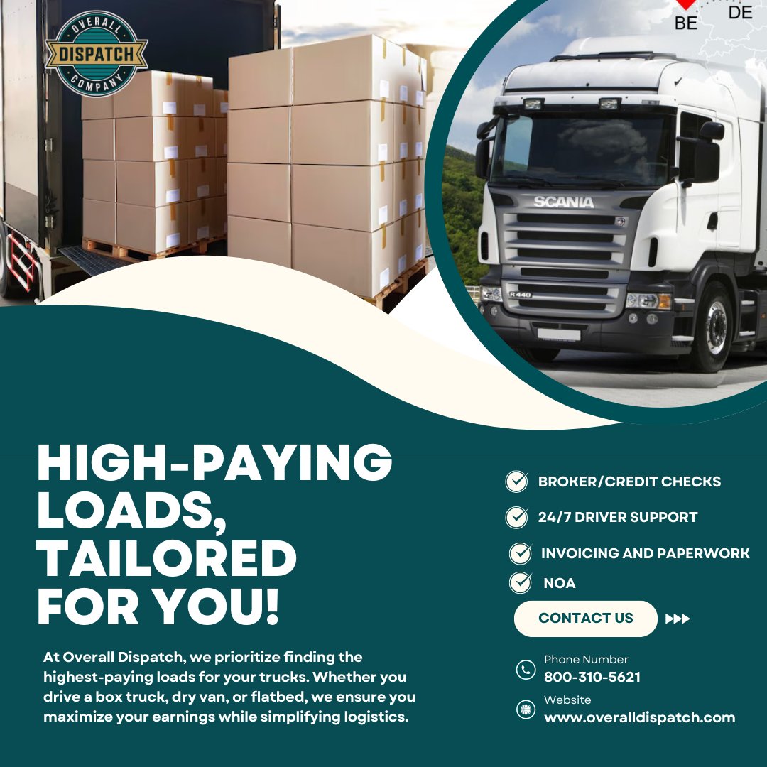 OverallDispatch's tweet image. HIGH-PAYING LOADS, TAILORED FOR YOU! 
Maximize your earnings with Overall Dispatch! Whether you drive a box truck, dry van, or flatbed, we ensure you get the best-paying loads while we handle the logistics. 
📞 Call us today at 800-310-5621
🌐 Visit: overalldispatch.com