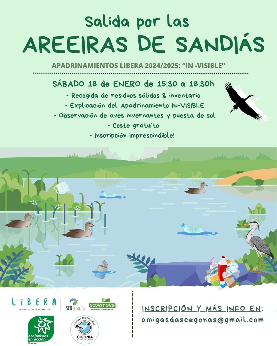 🌍✨ Únete á primeira actividade do Apadrinamento de #Libera IN-VISIBLE!
📅 Data: 18 de xaneiro de 2025
🕒 Horario: 15:30 a 18:30
📍 Lugar: Areeiras de Sandiás
🌿 Recollida de residuos e observación de aves.
✉️ amigasdascegonas@gmail.com
¡Agardámoste! 💚 #LiberaInvisible