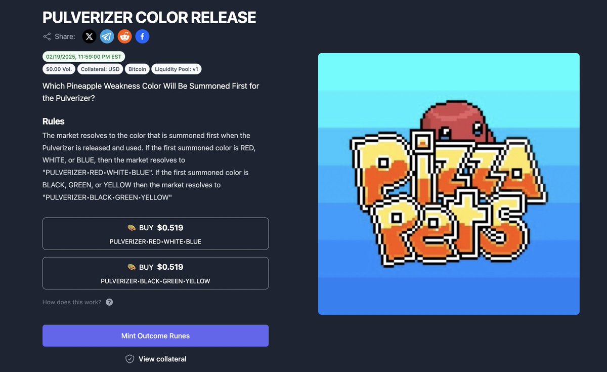 Aletheias Agora (@aletheiasagora) on Twitter photo šØ Pulverizer Market Live šØ
The first color called by the Pulverizer seals the deal
š“āŖšµ = PULVERIZERā¢REDā¢WHITEā¢BLUE
ā«š¢š” = PULVERIZERā¢BLACKā¢GREENā¢YELLOW
Which side are you betting on? š <a href="/Pizza_Pets/">Pizza Pets Game</a> <a href="/TO/">trevor.btc</a> šØ Pulverizer Market Live šØ
The first color called by the Pulverizer seals the deal
š“āŖšµ = PULVERIZERā¢REDā¢WHITEā¢BLUE
ā«š¢š” = PULVERIZERā¢BLACKā¢GREENā¢YELLOW
Which side are you betting on? š <a href="/Pizza_Pets/">Pizza Pets Game</a> <a href="/TO/">trevor.btc</a>