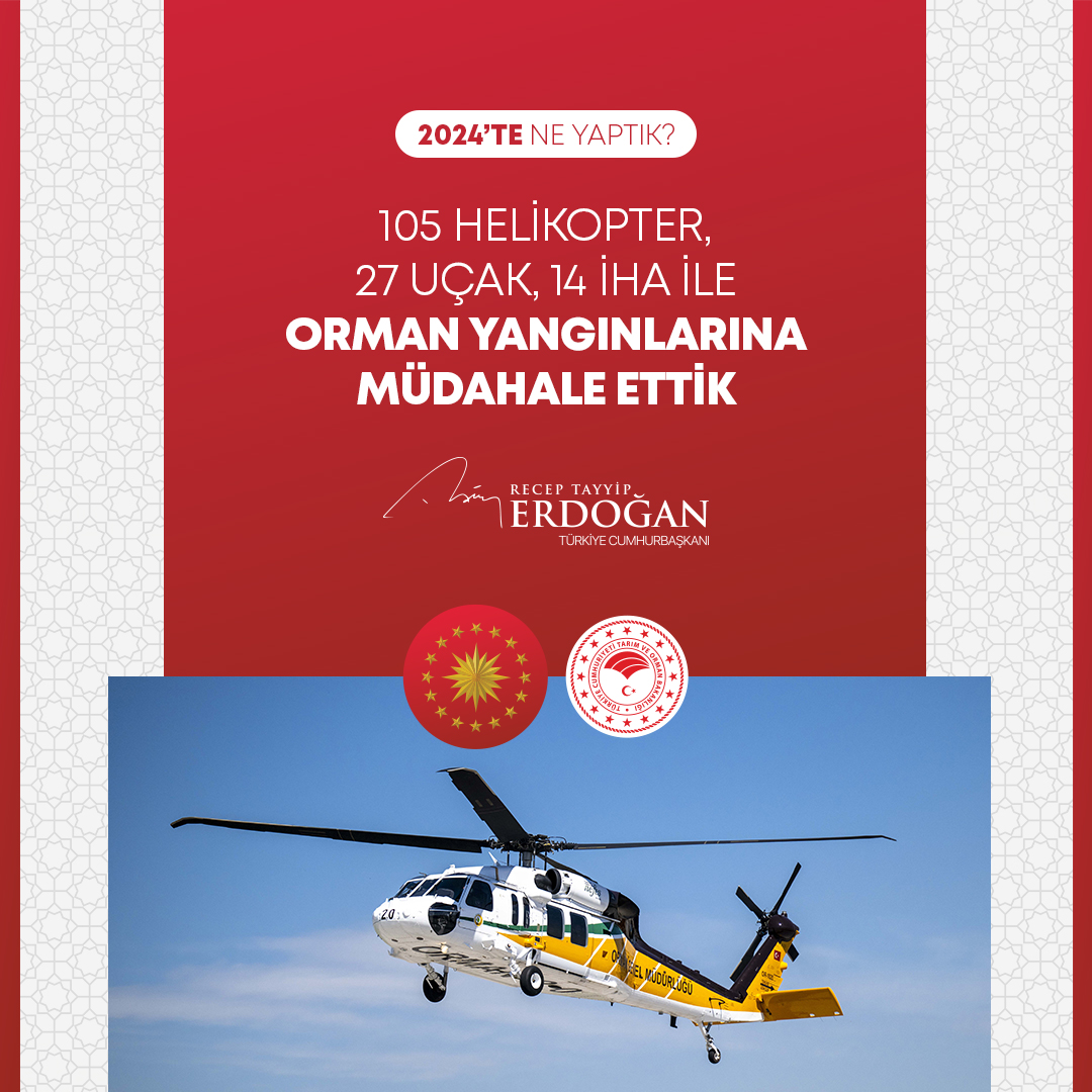 RTErdogan's tweet photo. 105 helikopter, 27 uçak ve 14 İHA ile orman yangınlarına karşı etkin mücadele verdik. #2024teNeYaptık https://t.co/fRtxrcECNu