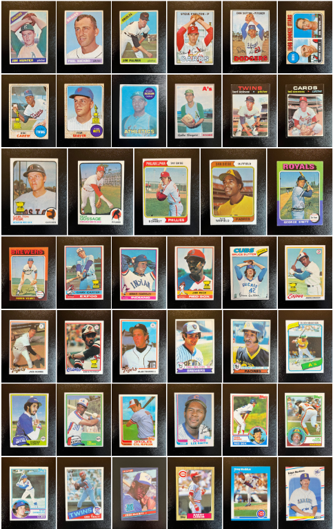 GrandCards's tweet photo. Family photo of my Hall of Fame rookie cards at the end of 2024. I'm up to 144 (51% of HOF Players) including a few major additions this year.

Chugging along! By year
2021: 105
2022: 123
2023: 130
2024: 144 https://t.co/StxZuQzwGu