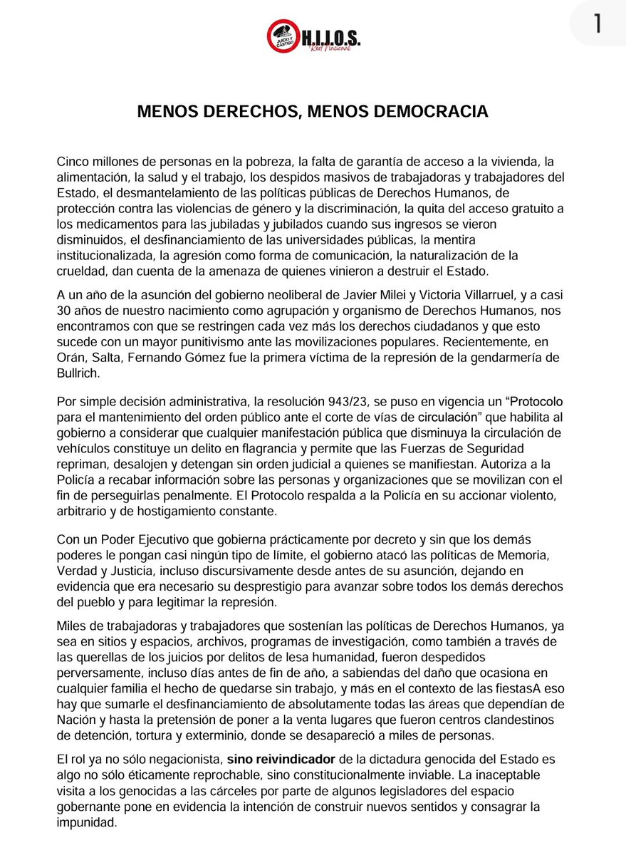 HijosECZ's tweet photo. COMUNICADO 
RED NACIONAL DE H.I.J.O.S. nos reconocemos en la historia de lucha y en la certeza de que con organización y lucha, lo imposible sólo tarda un poco más. https://t.co/ouQz4fioZc