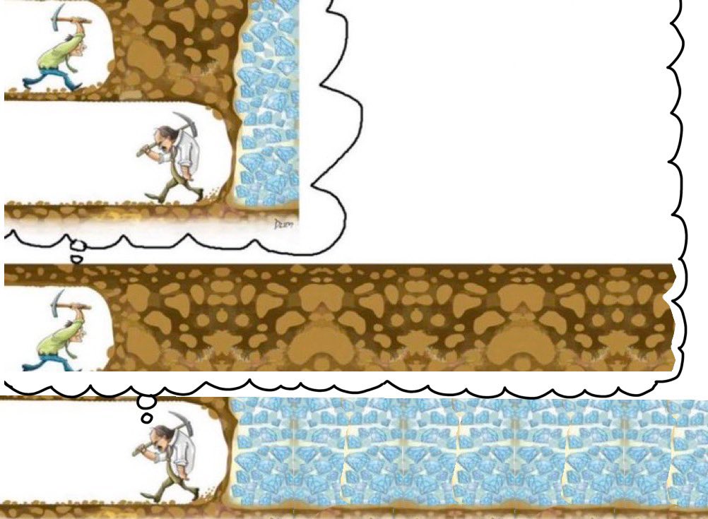 memestorer's tweet photo. guy drawing comic cartoon miner mines mine hack hit diamond gem gold treasure tunnel dirt ground soil imagining thinking remember philosophy idea work hard hardworking close inches right behind give up walk away drive passion motivated nothing empty mindset grindset meme reaction https://t.co/Y6cJHEsd0g