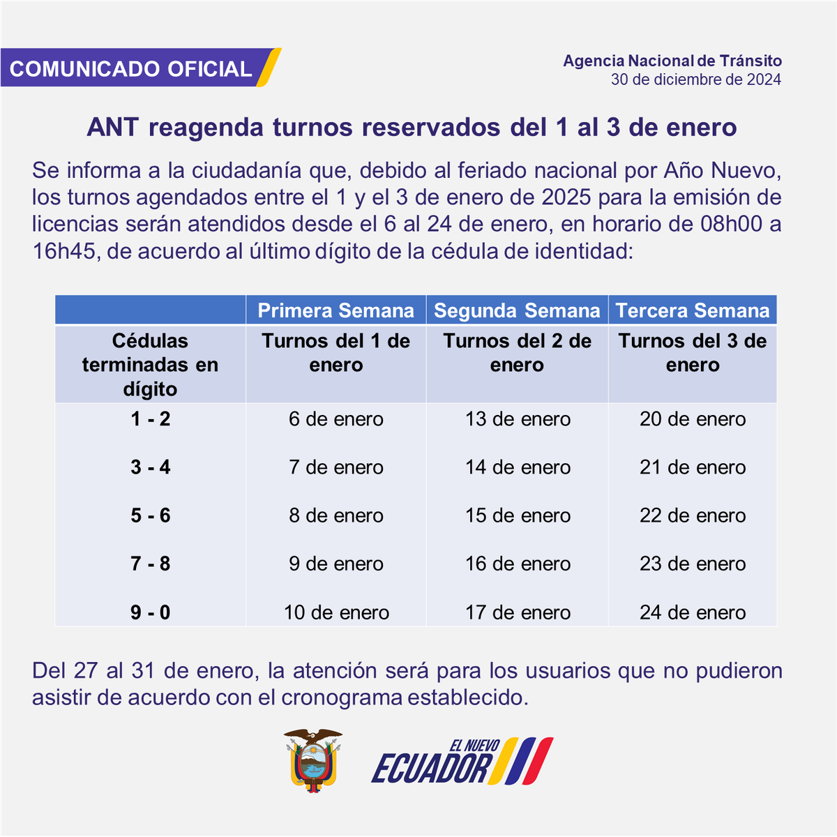 ANT_ECUADOR's tweet photo. 📄 #COMUNICADO | La ANT informa el cronograma de atención de los turnos reservados del 1 al 3 de enero de 2025.

Solicitamos acudir en la fecha asignada para garantizar un servicio rápido y eficiente.

Recuerde llevar su turno impreso.

#LaNuevaANTEnAcción
#ElNuevoEcuador https://t.co/DcL9ZI5gPz