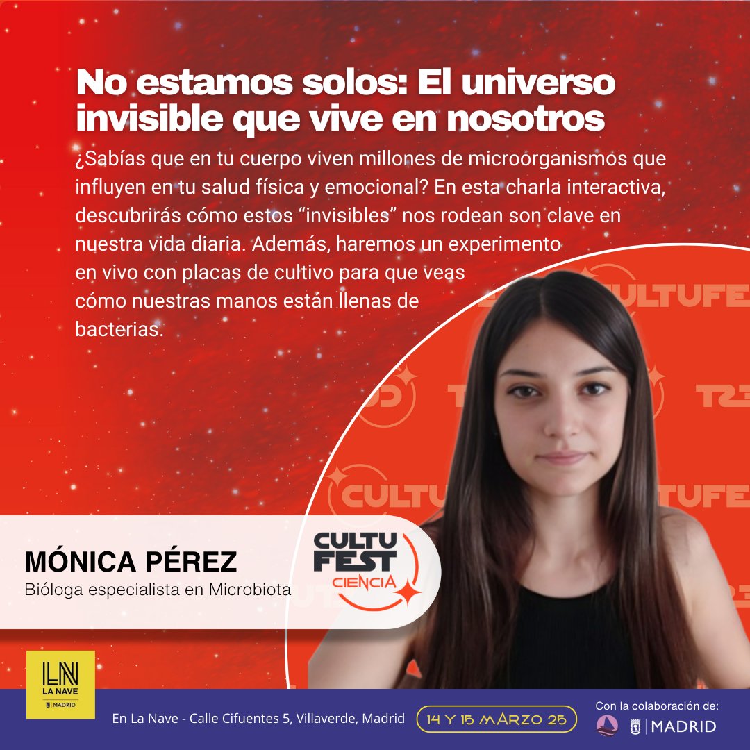 ¡<a href="/somosmicrobiota/">Somos Microbiota🦠🔬</a> estará en CultuFest Madrid! 🙌

¿Sabías que en tu cuerpo viven millones de microorganismos que influyen en tu salud física y emocional? 🦠 En esta charla interactiva, descubrirás cómo estos invisibles nos rodean.

🎟 Entradas a la venta👉 cultufest.world