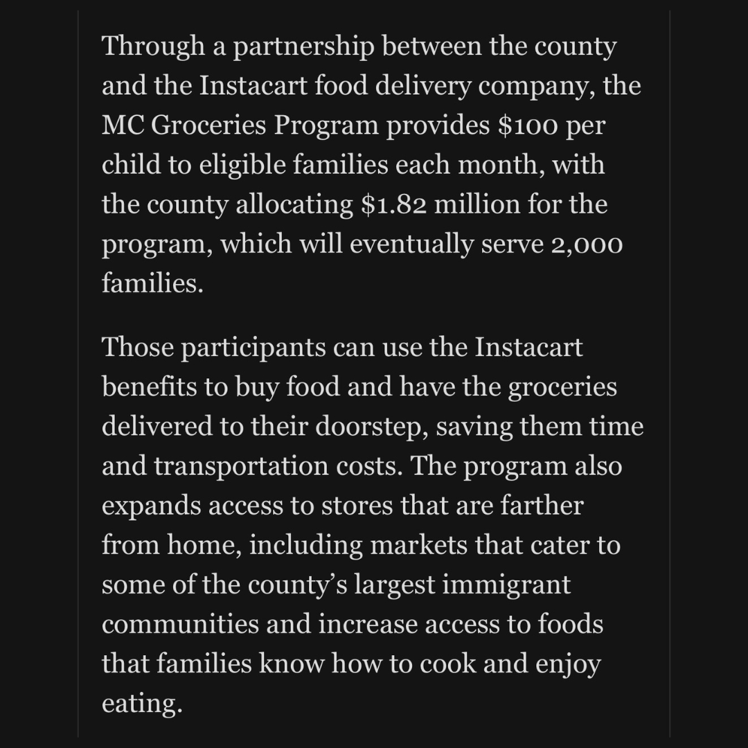 Montgomery_OFSR's tweet photo. Our MC Groceries Program was featured in a recent @washingtonpost article! This innovative partnership between OFSR and Instacart bridges the “SNAP Gap,” providing eligible families with access to fresh, nutritious food delivered right to their doorstep.

https://t.co/jWaF6dDMgg https://t.co/5J9tnBkDQP