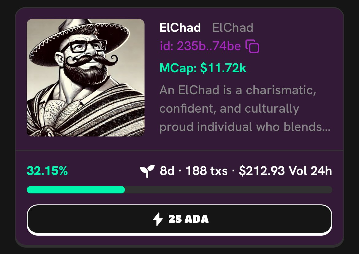 ElChadcardano's tweet photo. ElChad showing it’s got some diamond hand holders by being 5th in mc for all projects on https://t.co/I6EKFIWj2m which haven’t been bonded 👏

969,696,969 supply. Founder never sold a token and it’s a meme of a top ada meme. 

Stay thirsty mi amigos🍻 https://t.co/Nl35TalXM2