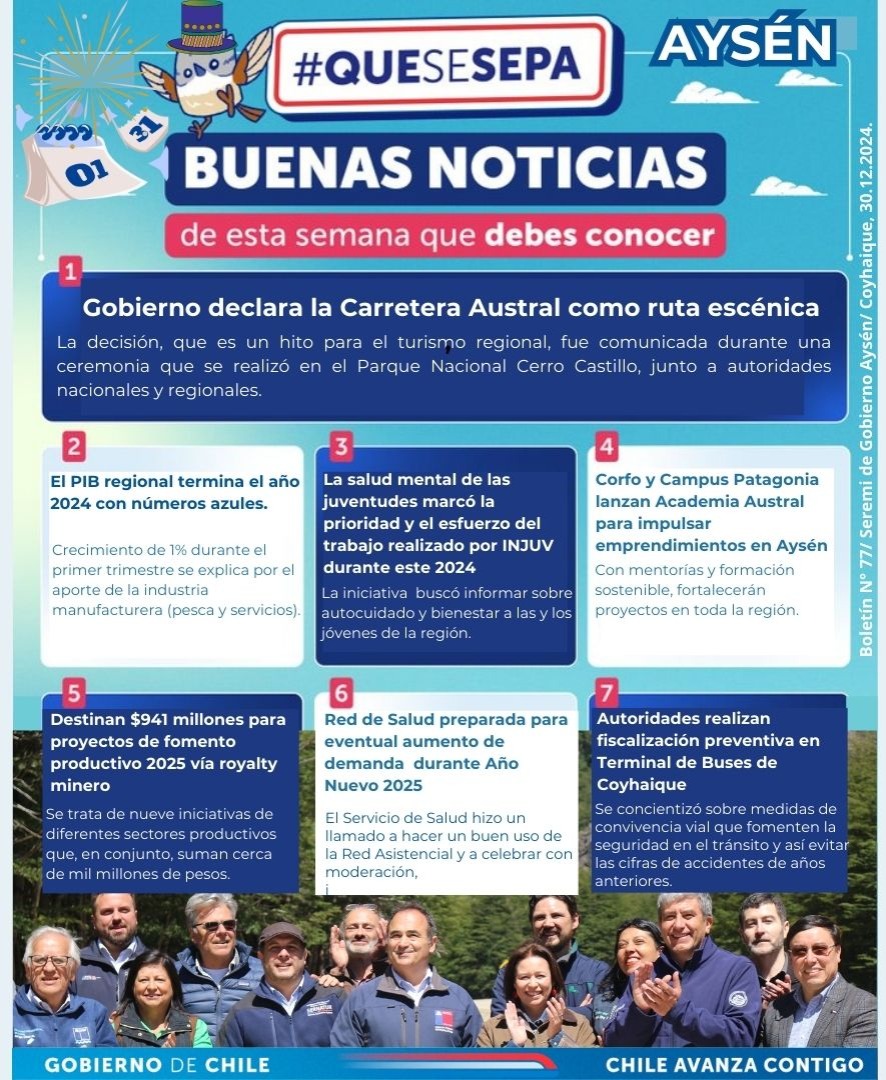 Subdere_Aysen's tweet photo. En estos últimos días del 2024, les agradecemos haber leído y compartido nuestro boletín #QueSeSepa con las últimas noticias del Gobierno en la región de Aysén. Les deseamos a todas y a todos un muy Feliz Año Nuevo 2025📷📷 https://t.co/kPuFmsYbhC